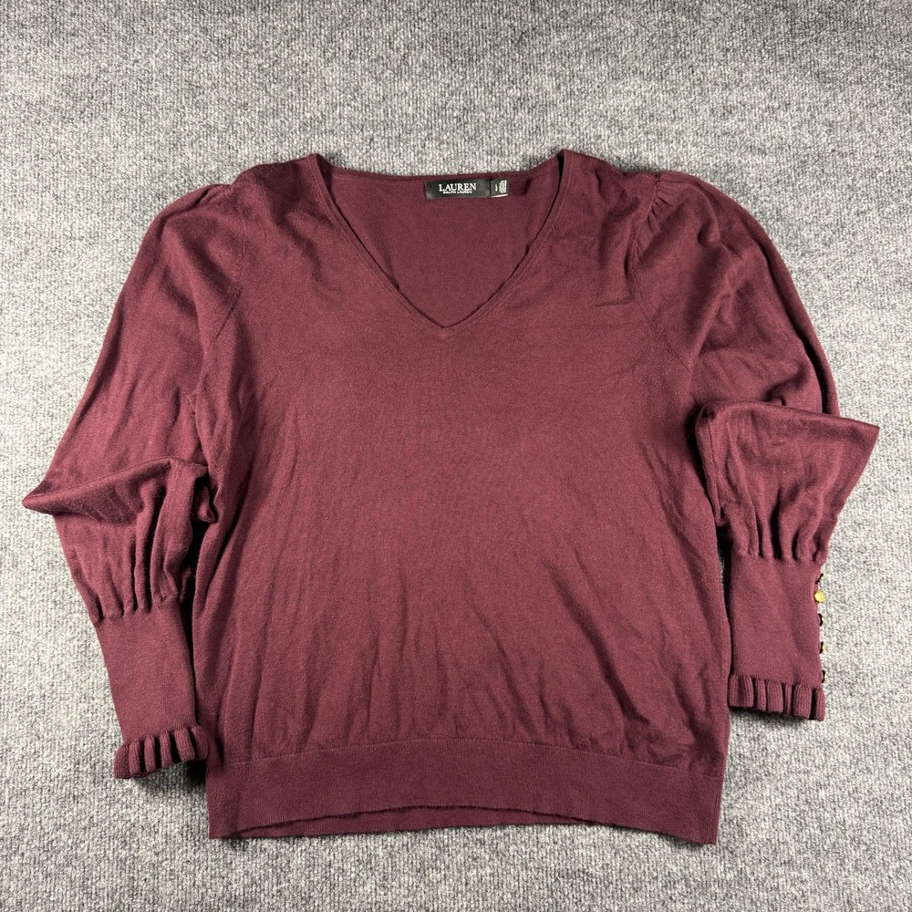 Ralph Lauren Women L Burgundy V-Neck Sweater Gold Button Cuff Cotton Modal